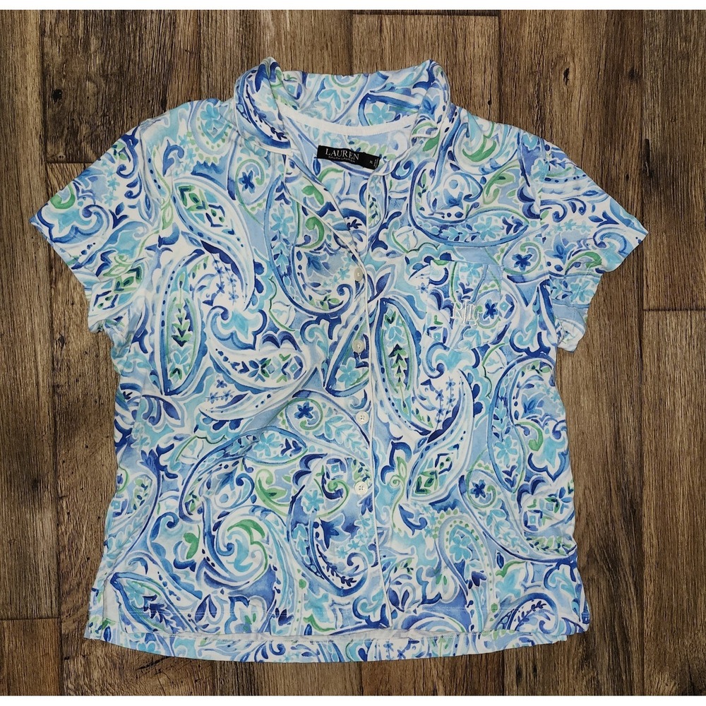 Ralph Lauren Womens Large Pajama Top Blue white green Paisley Button up PJ Shirt
